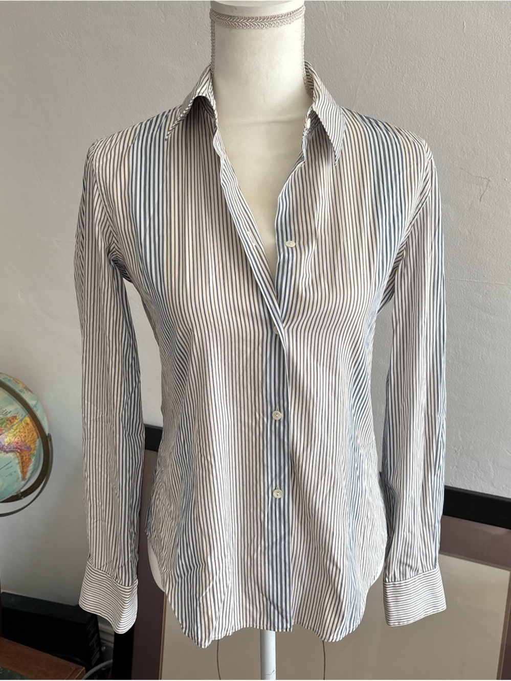 Loro Piana White and Navy Striped Button-Down Shirt